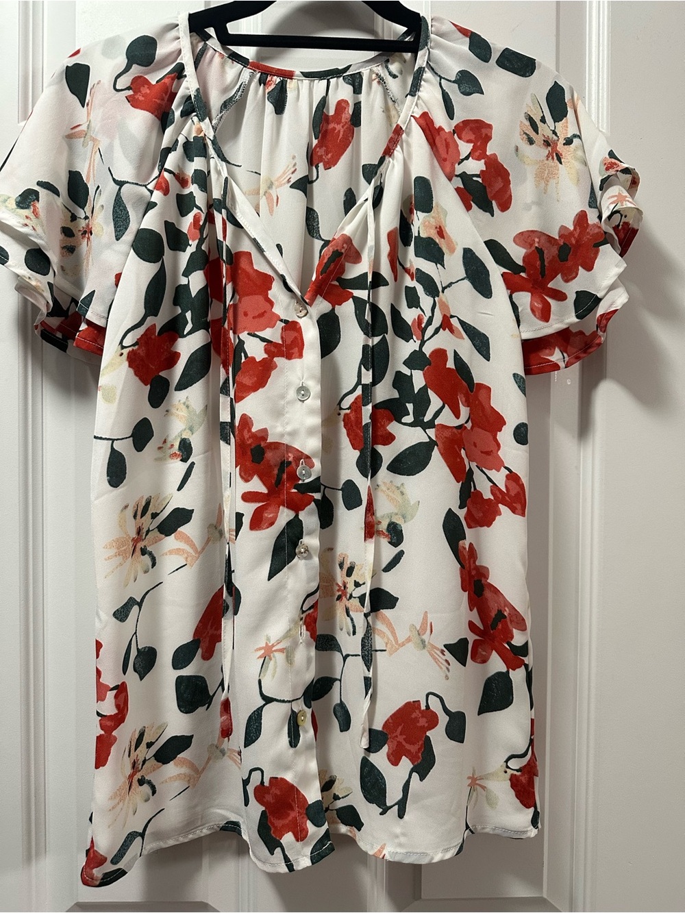 Floral Button-Front Blouse - White with Red & Green Floral